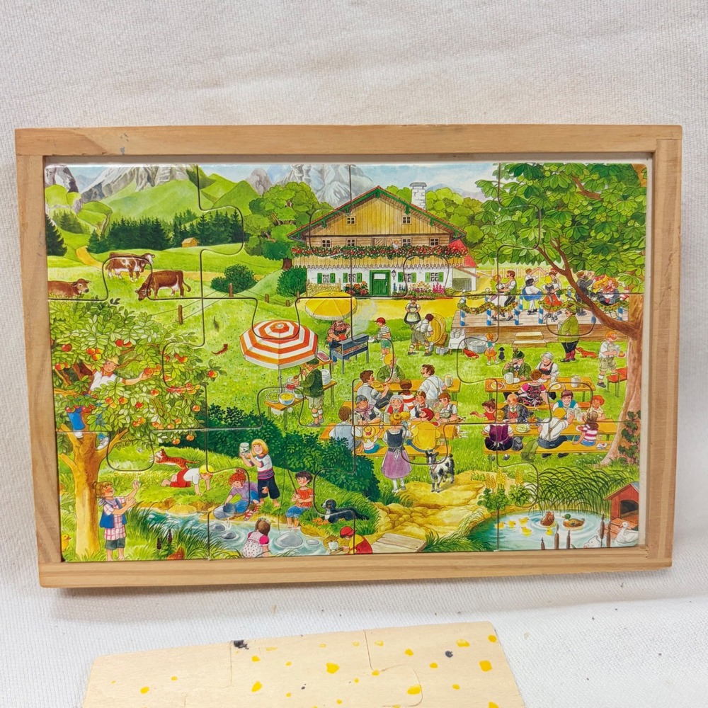 Vintage Wooden Farm Jigsaw Puzzle Set 4 Puzzles in Wood Tray Box Color Coded - Picture 4 of 9